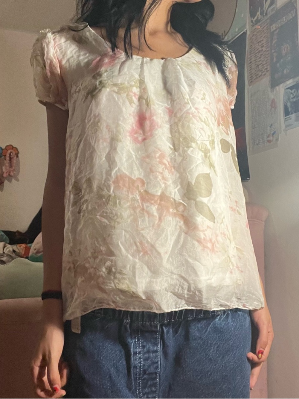 Cream Floral Short-Sleeve Blouse